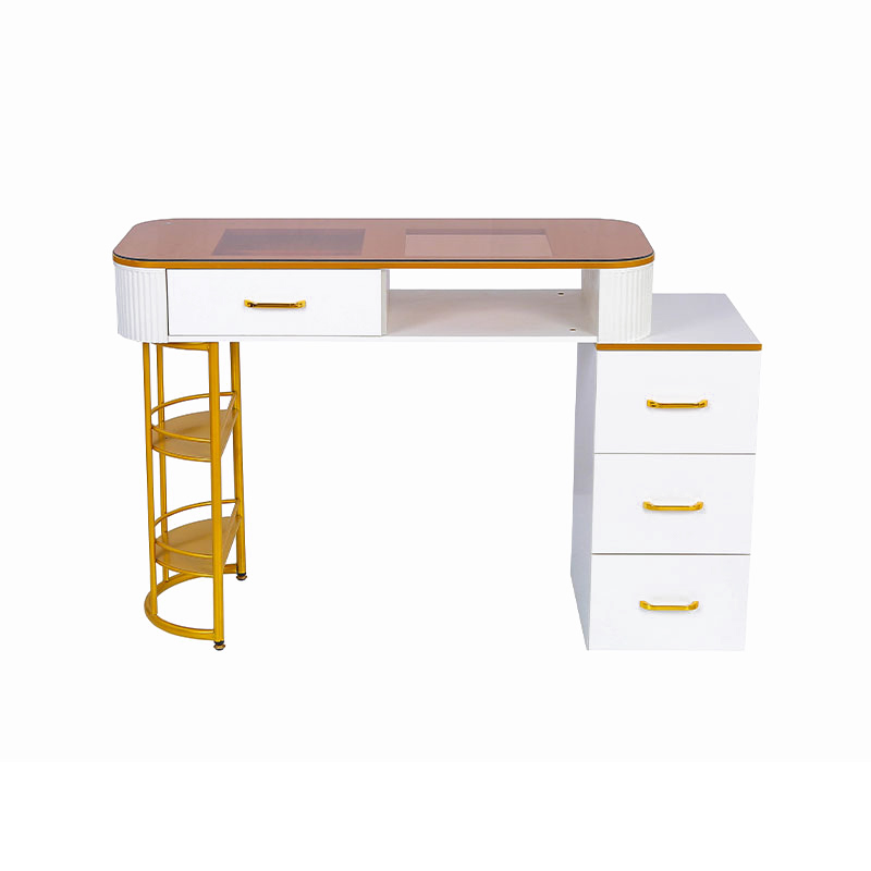 Estación de escritorio para uñas con tapa de vidrio de mesa de manicura HZ2055 / HZ2055B con 4 cajones y estantes de almacenamiento de 2 niveles