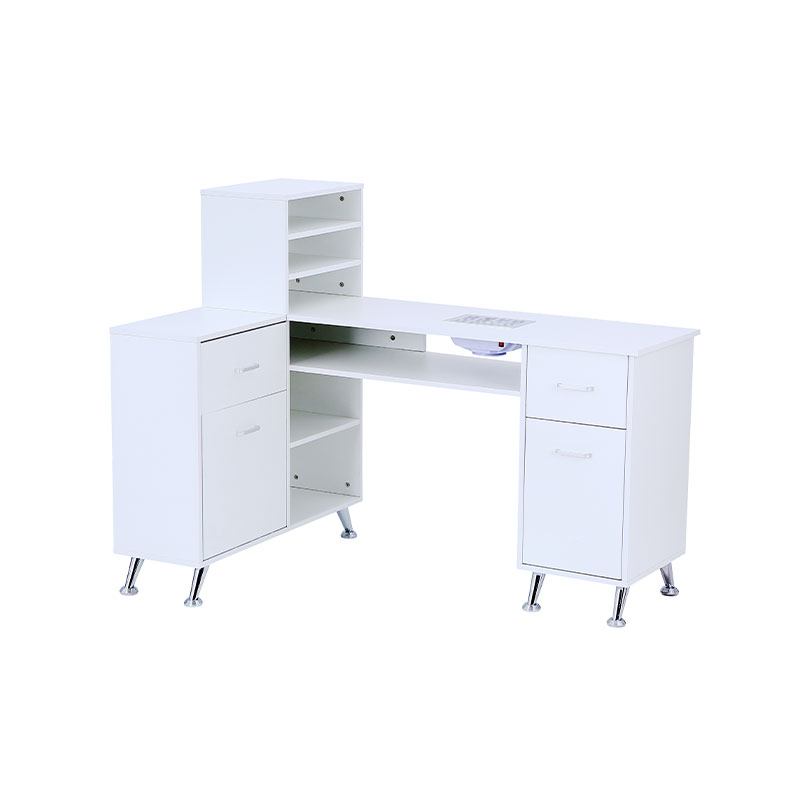 HZ2057 Mesa de manicura blanca y plateada con cajones y estantes para almacenamiento