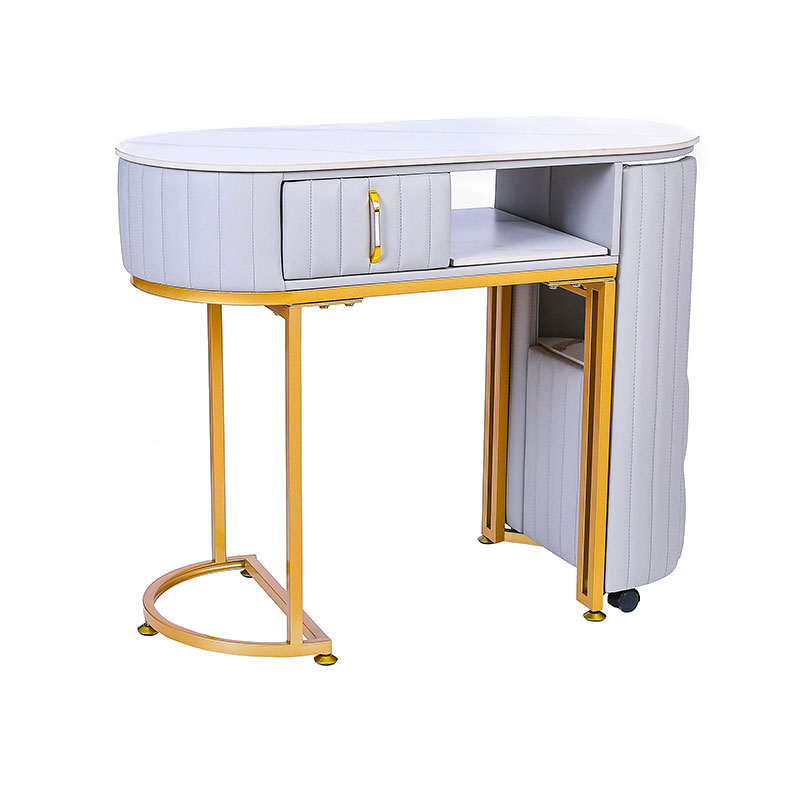 Mesa técnica de uñas HZ2061 con cajones de almacenamiento y estantes abiertos, soporte metálico con ruedas móviles