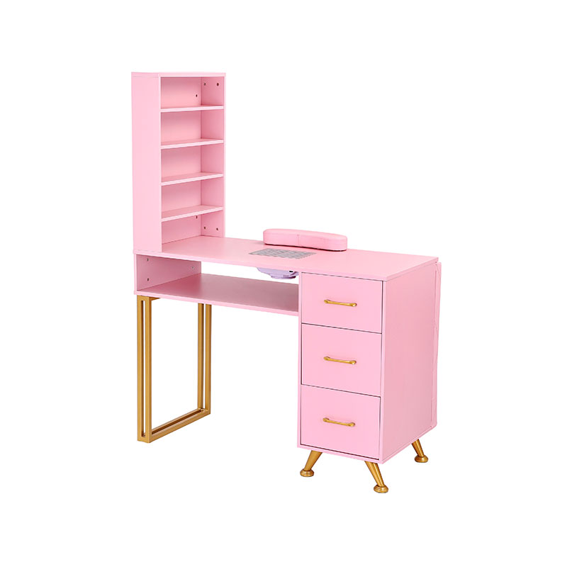 HZ2066 Mesa de manicura rosa y dorada para escritorio de uñas con colector de polvo eléctrico