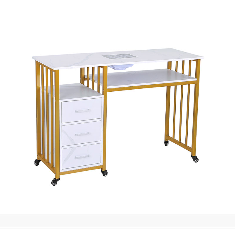 HZ2062 Mesa de manicura con colector de polvo, escritorio de uñas marmoleado blanco