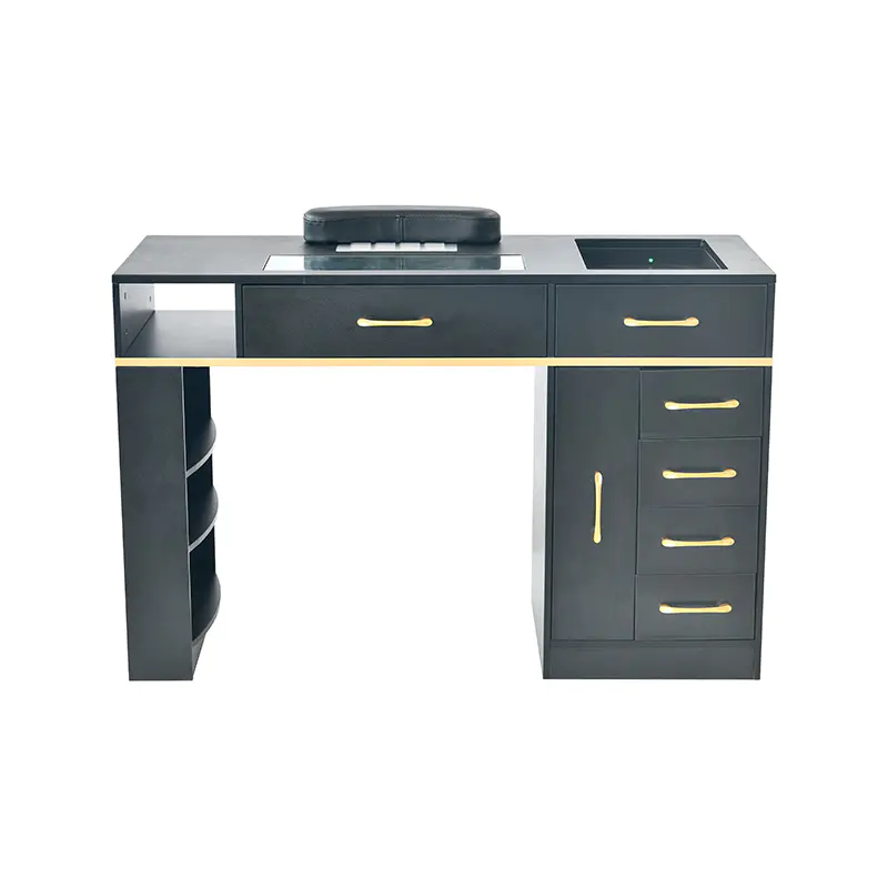 HZ2047B Escritorio para polvo de uñas con tapa de cristal, negro/blanco