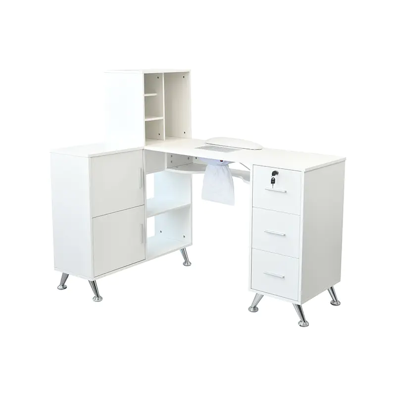 HZ2114 Escritorio para polvo de uñas con estante, negro/blanco, 3 cajones